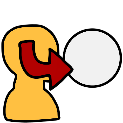 a yellow shape of head and neck viewed from the side. a red arrow comes from the person's brain area, out their mouth, and onto a white speech bubble.